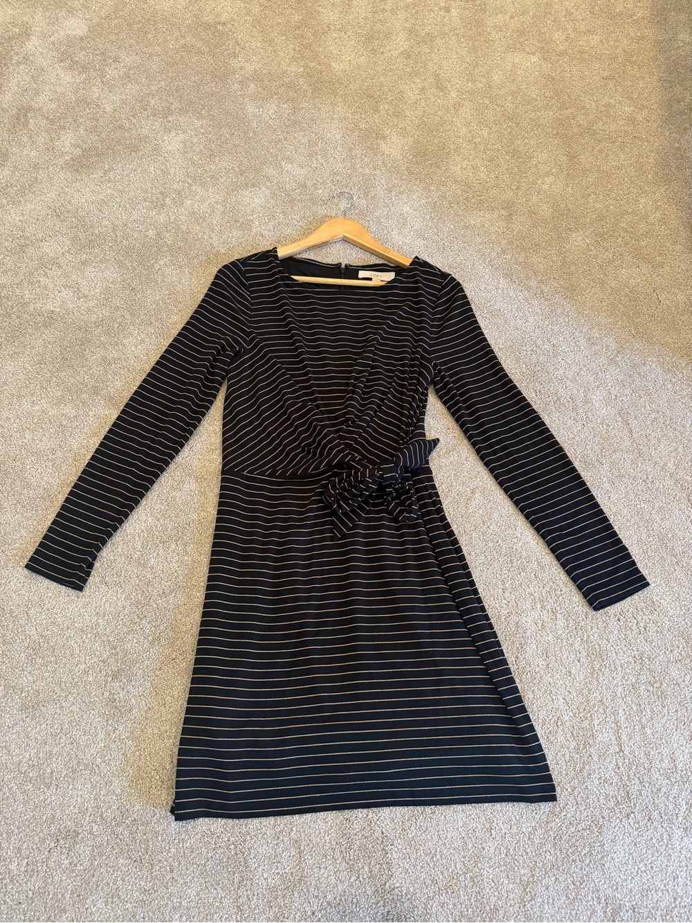 LOFT Black Striped Long-Sleeve Wrap-Style Dress
